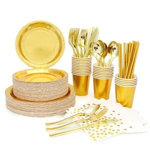 200 Piece Gold Color Disposable Paper Plates and P